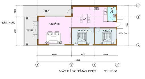 Bản vẽ mẫu thiết kế nhà cấp 4 mái chữ L 1 tầng diện tích 7x14m