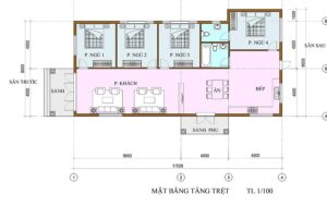 Mẫu nhà mái thái 1 tầng 8x17m công năng tiện nghi 4 phòng ngủ tại Bình Dương