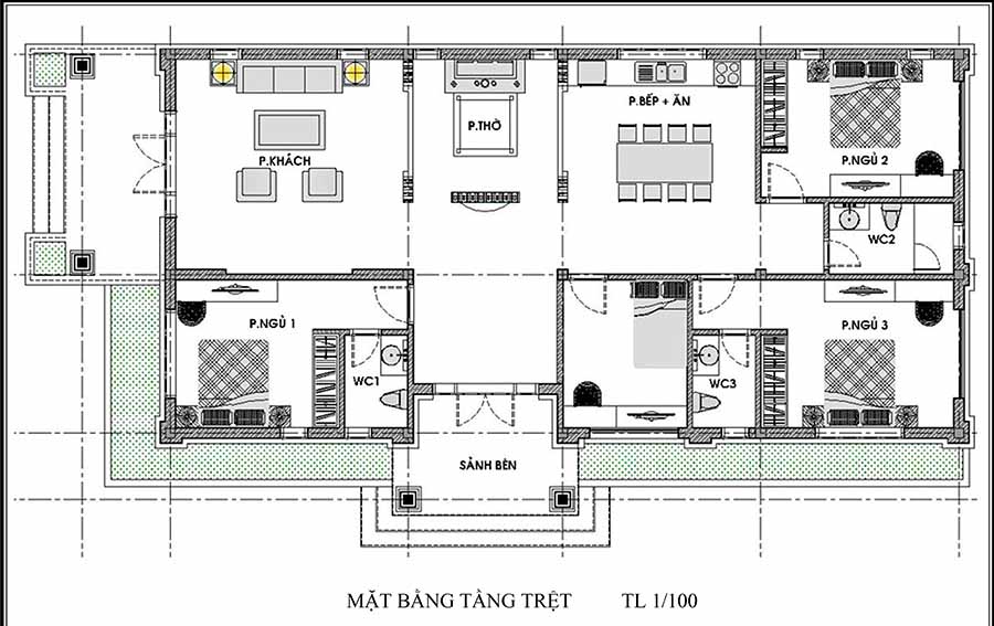 Mẫu nhà cấp 4 mái thái 3 phòng ngủ 8x16m đẹp tại Bình Dương